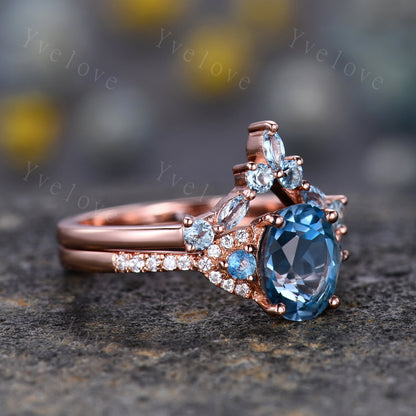 London Blue Topaz Engagement Ring Set,Women Rose Gold Ring,Oval Cut Bridal Set,Art Deco Stacking Band Unique Curved Wedding Band, Handmade