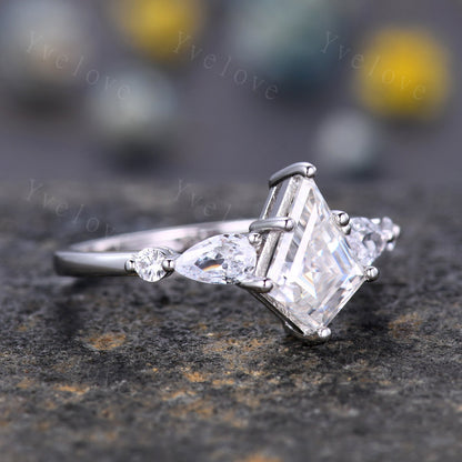 Vintage Kite Cut Moissanite Engagement Ring,Pear Cut Moissanite Gem Ring For Women,Unique bridal Wedding Band,14K White Gold,Gift For her