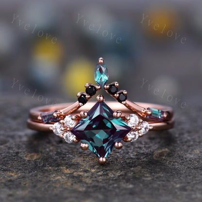 2PCS Vintage Unique Princess Cut Alexandrite Engagement Ring Set,Black Spinel Ring,June birthtone,14k rose gold,Women Unique Ring Set Gift