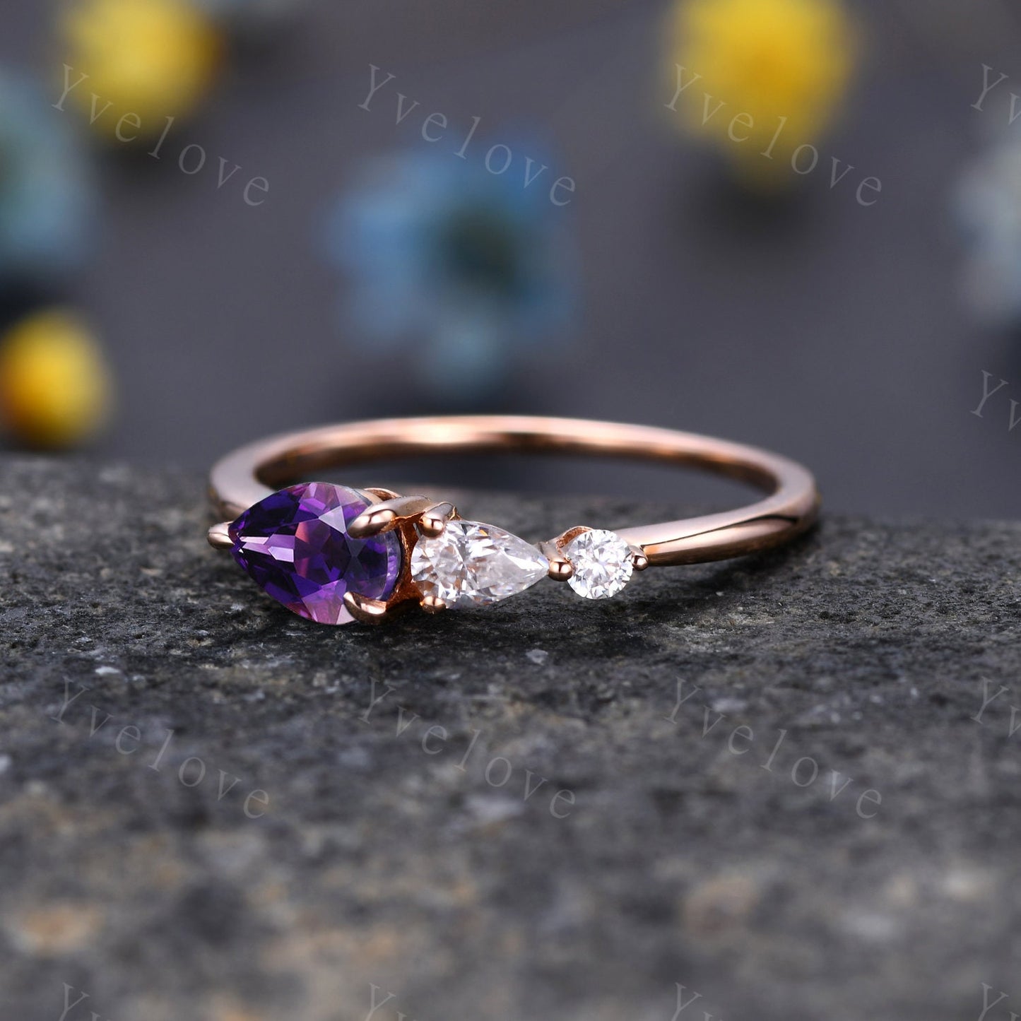 Vintage Amethyst Engagement Ring,Pear Cut Gems,Art Deco Moissanite Wedding Band,3 Stone Unique Women Bridal Promise Ring,Sterling Silver