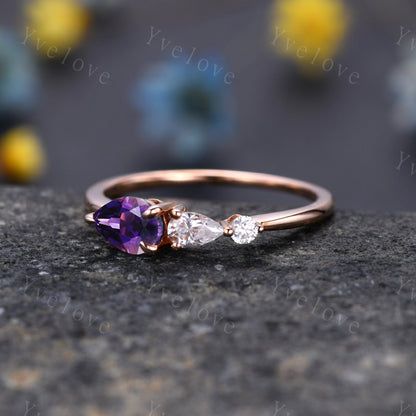 Vintage Amethyst Engagement Ring,Pear Cut Gems,Art Deco Moissanite Wedding Band,3 Stone Unique Women Bridal Promise Ring,Sterling Silver