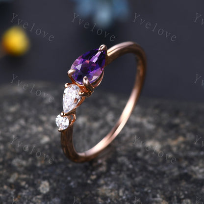 Vintage Amethyst Engagement Ring,Pear Cut Gems,Art Deco Moissanite Wedding Band,3 Stone Unique Women Bridal Promise Ring,Sterling Silver