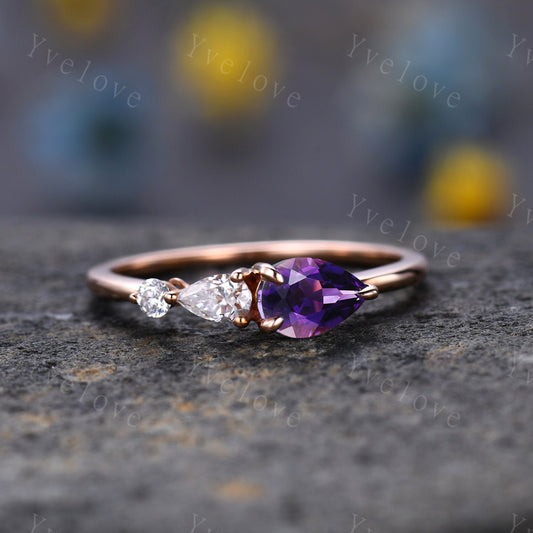 Vintage Amethyst Engagement Ring,Pear Cut Gems,Art Deco Moissanite Wedding Band,3 Stone Unique Women Bridal Promise Ring,Sterling Silver