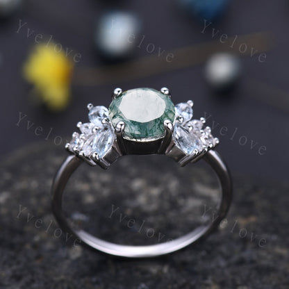 7mm Round Cut Natural Moss Agate Engagement Ring For Women,Unique Green Gems,Marquise Blue Aquamarine,Healing Gemstone Ring,14K White gold