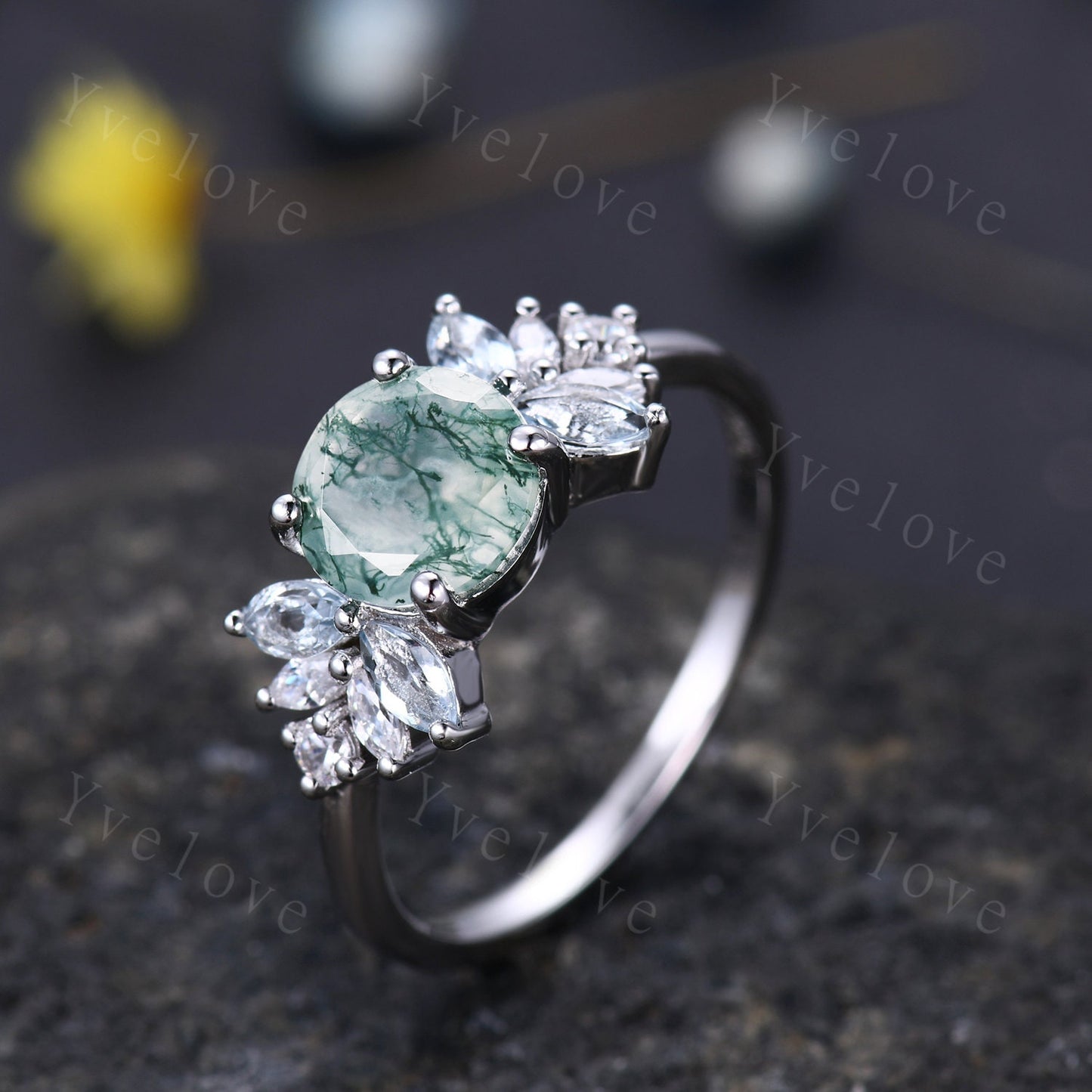 7mm Round Cut Natural Moss Agate Engagement Ring For Women,Unique Green Gems,Marquise Blue Aquamarine,Healing Gemstone Ring,14K White gold