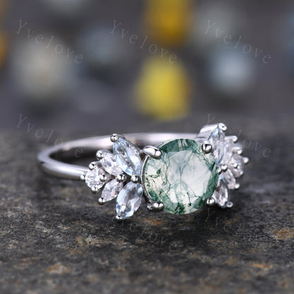 7mm Round Cut Natural Moss Agate Engagement Ring For Women,Unique Green Gems,Marquise Blue Aquamarine,Healing Gemstone Ring,14K White gold