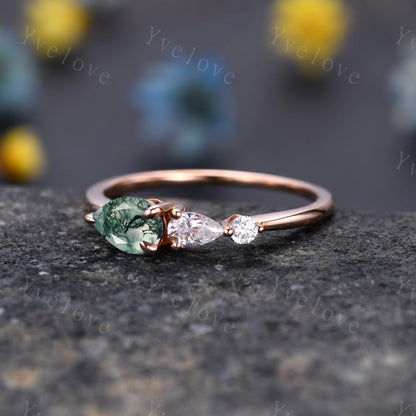 Vintage Moss Agate Ring Engagement Ring,Pear Cut Gems,Art Deco Moissanite Wedding Band,3 Stone Unique Women Bridal Promise Ring,White gold