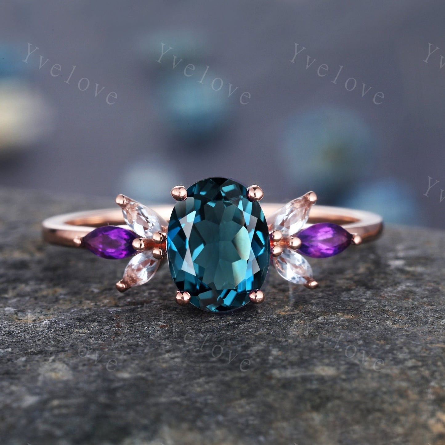 Vintage London Blue Topaz Engagement Ring Set, Rose Gold Women Moissanite Amethyst Band,Matching Band Promise Women Stacking Ring Set Gift