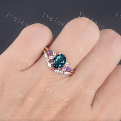 Vintage London Blue Topaz Engagement Ring Set, Rose Gold Women Moissanite Amethyst Band,Matching Band Promise Women Stacking Ring Set Gift