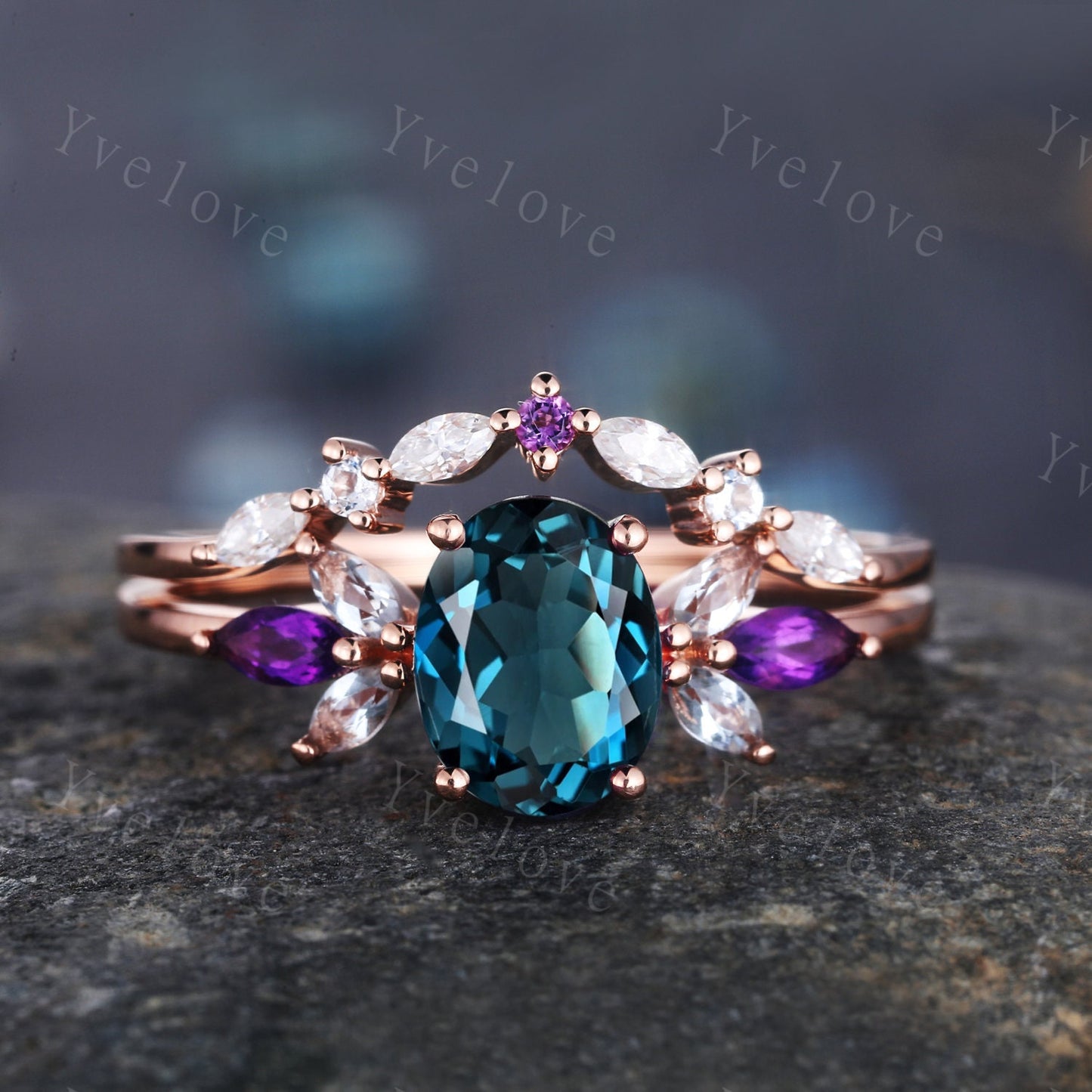 Vintage London Blue Topaz Engagement Ring Set, Rose Gold Women Moissanite Amethyst Band,Matching Band Promise Women Stacking Ring Set Gift