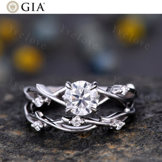 1CT Natural Diamond Ring,GIA CERTIFIED Natural Brilliant Diamond Engagement Ring Set,April Birthstone,Women Leaf Vines Ring Gift,Platinum