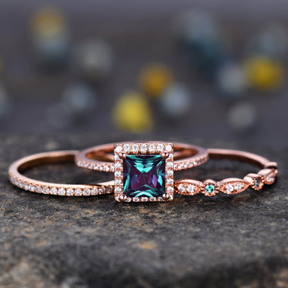 3PCS Vintage Princess Cut Alexandrite Engagement Ring,Alexandrite ring,Moissanite Ring Set,Bridal Wedding Ring Set,Women Rose Gold Ring Gift