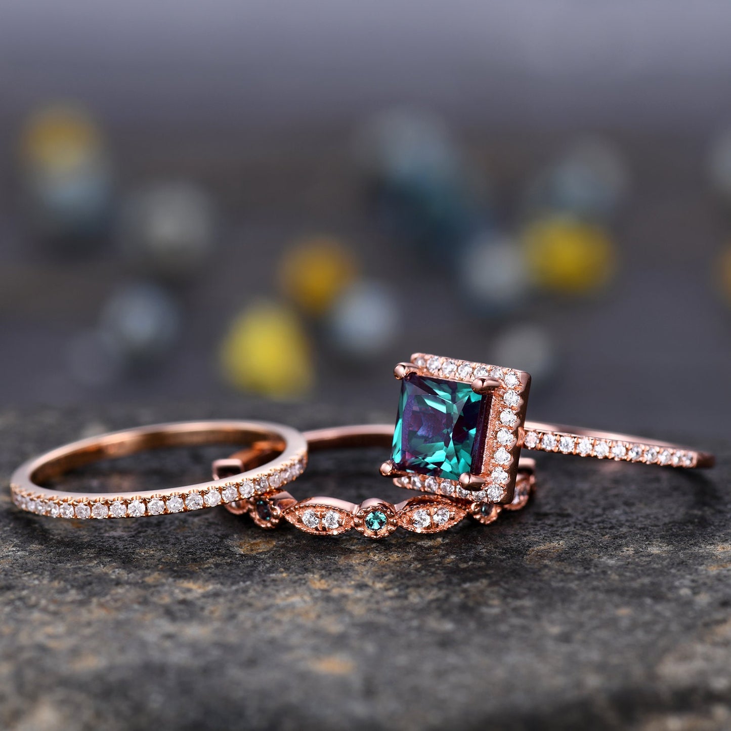 3PCS Vintage Princess Cut Alexandrite Engagement Ring,Alexandrite ring,Moissanite Ring Set,Bridal Wedding Ring Set,Women Rose Gold Ring Gift