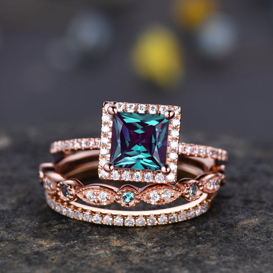 3PCS Vintage Princess Cut Alexandrite Engagement Ring,Alexandrite ring,Moissanite Ring Set,Bridal Wedding Ring Set,Women Rose Gold Ring Gift