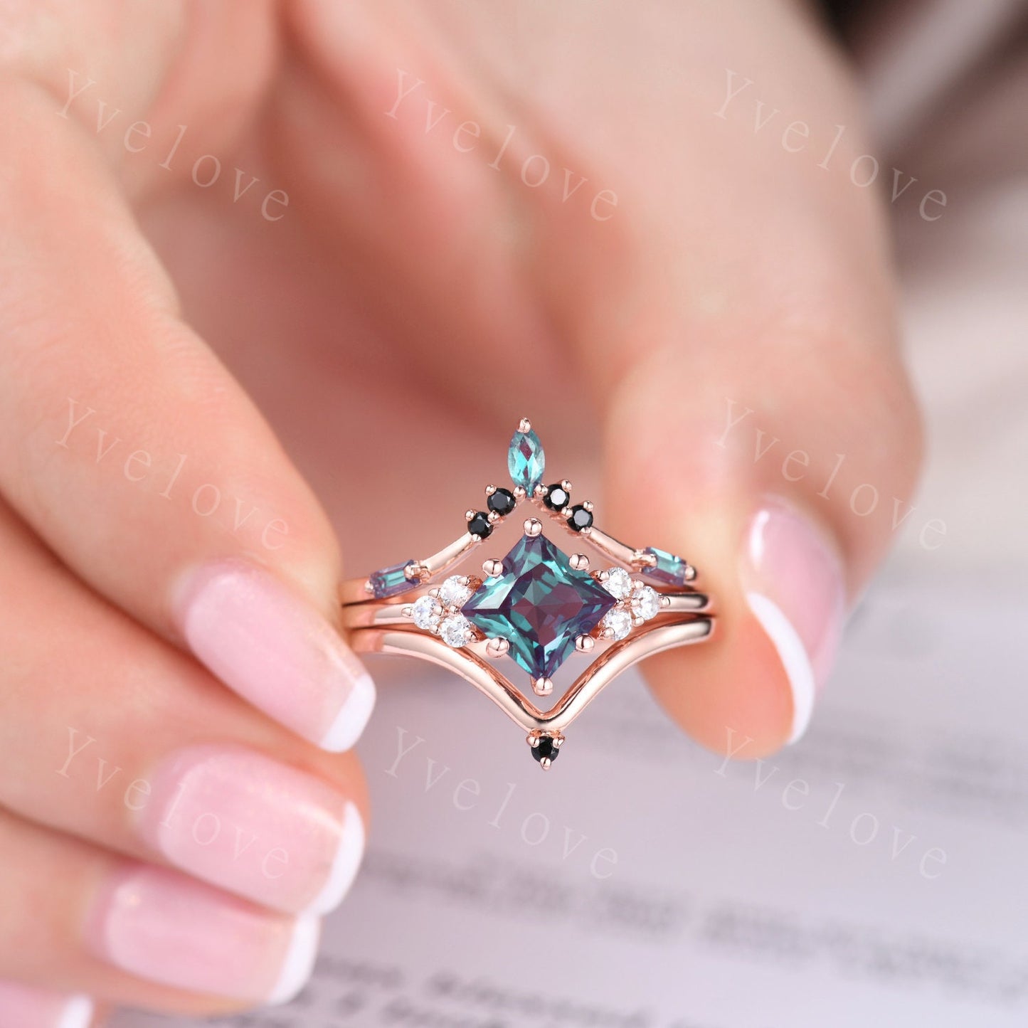 3PCS Vintage princess cut alexandrite engagement ring set,black spinel ring,baguette alexandrite,sterling silver ring,unique ring set gift