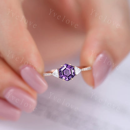 Retro Hexagon Cut Purple Amethyst Engagement Ring,Vingate Bridal Ring,925 Silver,Gothic Ring,Anniversary Wedding Ring Birthday Gift for Her