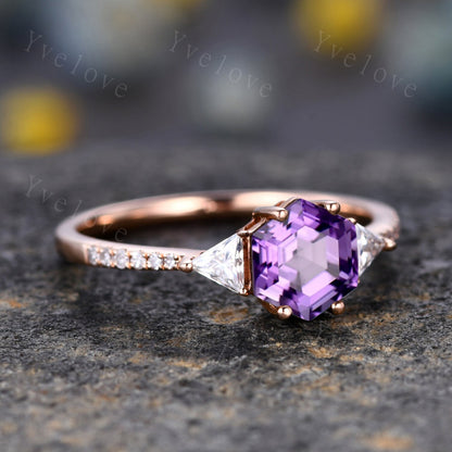 Retro Hexagon Cut Purple Amethyst Engagement Ring,Vingate Bridal Ring,925 Silver,Gothic Ring,Anniversary Wedding Ring Birthday Gift for Her