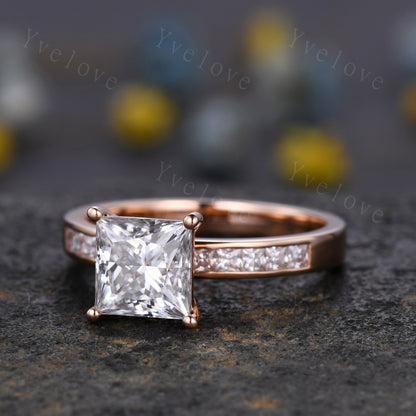 7mm Princess Cut Moissanite Engagement Ring,2CT Moissanite,Women Rose Gold Stacking Ring,Channel Set Promise Bridal Ring Gift,Custom Ring