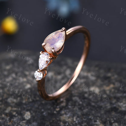 Tear drop moonstone ring, rainbow ring,pear moonstone,petite ring,moissanite promise ring for women,3 stone unique bridal ring gift for her