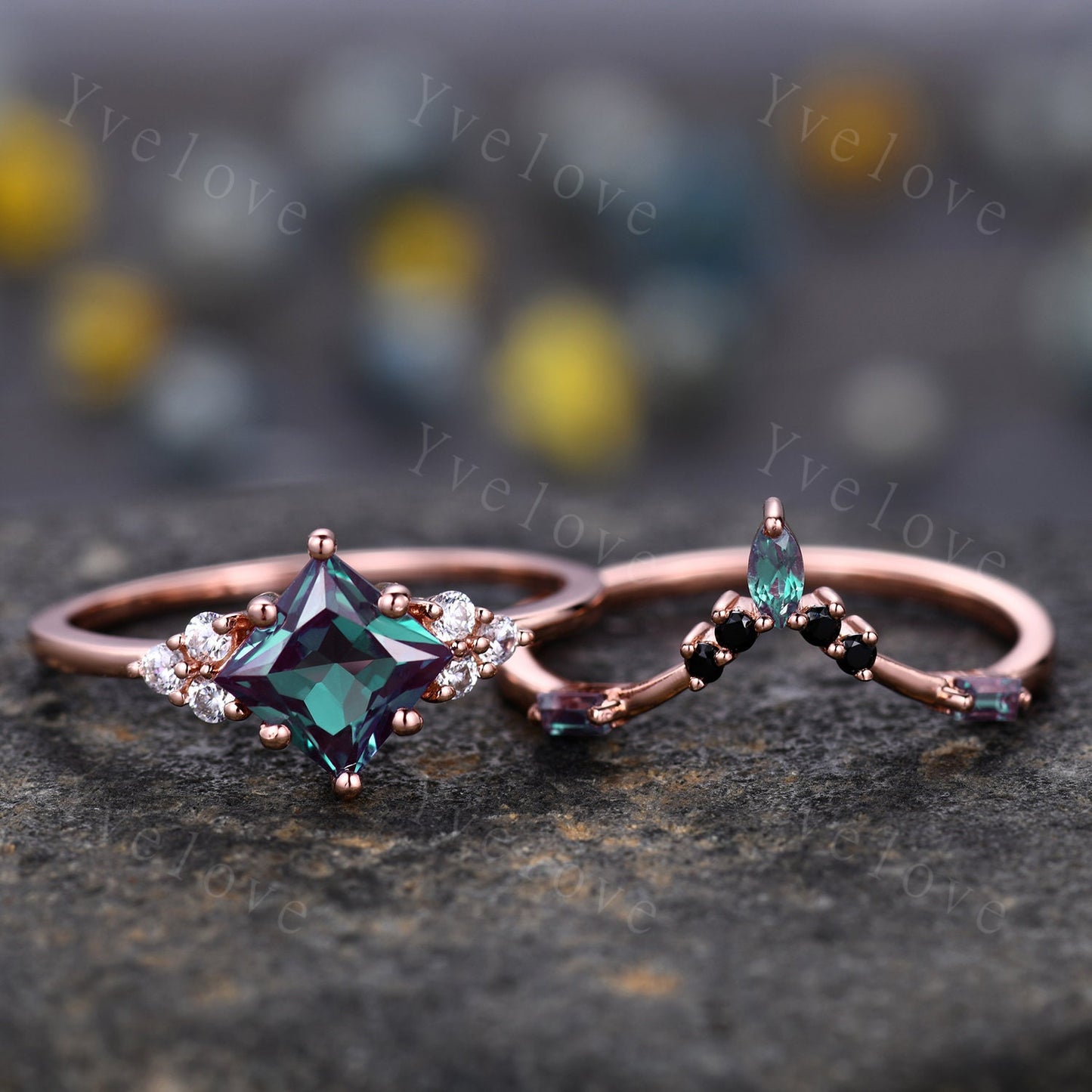 2PCS Vintage Unique Princess Cut Alexandrite Engagement Ring Set,Black Spinel Ring,June birthtone,14k rose gold,Women Unique Ring Set Gift