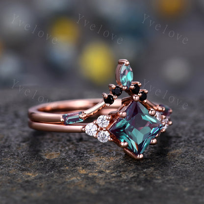 2PCS Vintage Unique Princess Cut Alexandrite Engagement Ring Set,Black Spinel Ring,June birthtone,14k rose gold,Women Unique Ring Set Gift