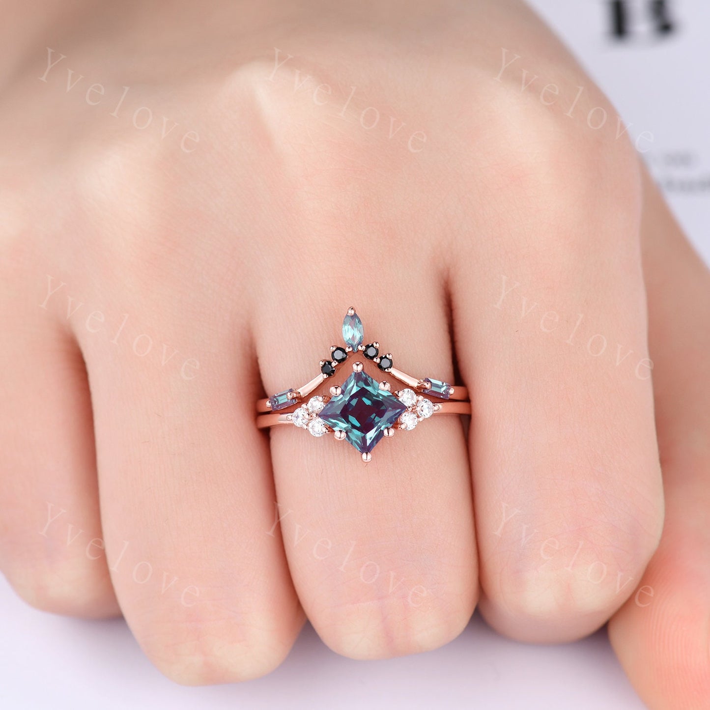 2PCS Vintage Unique Princess Cut Alexandrite Engagement Ring Set,Black Spinel Ring,June birthtone,14k rose gold,Women Unique Ring Set Gift