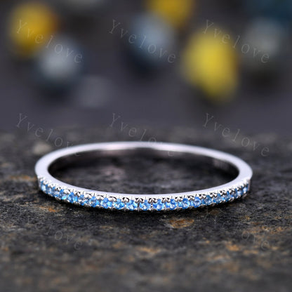 Natural Swiss Blue Topaz Ring,Blue Topaz Petite Wedding Ring,Toapz Wedding Band,14k White Gold,Half Eternity,Bridal Anniversary jewelry Gift