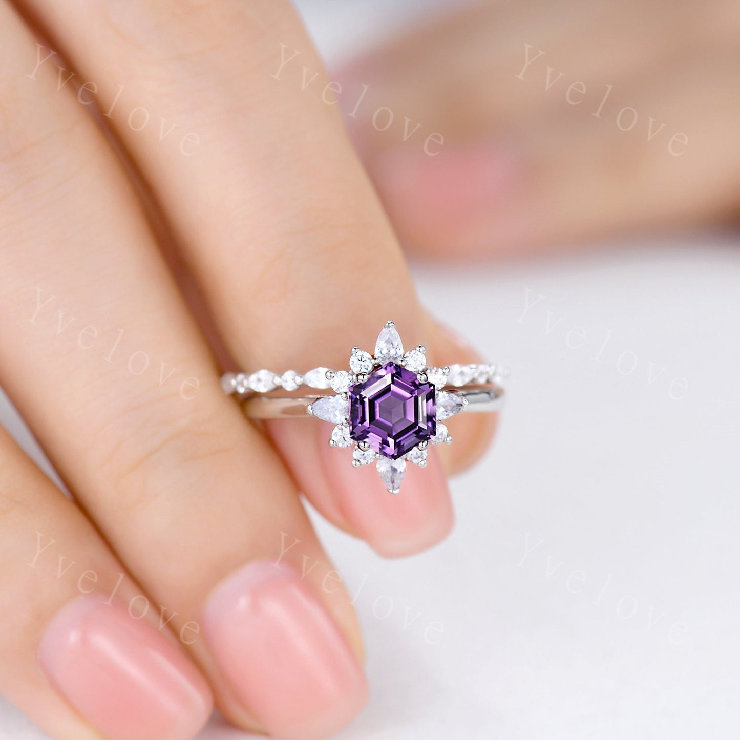 Natural Amethyst Engagement Ring Set,Vingate Moissanite Band,White Gold Ring,Women Stacking Matching Wedding Band Promise Ring Gift For Her