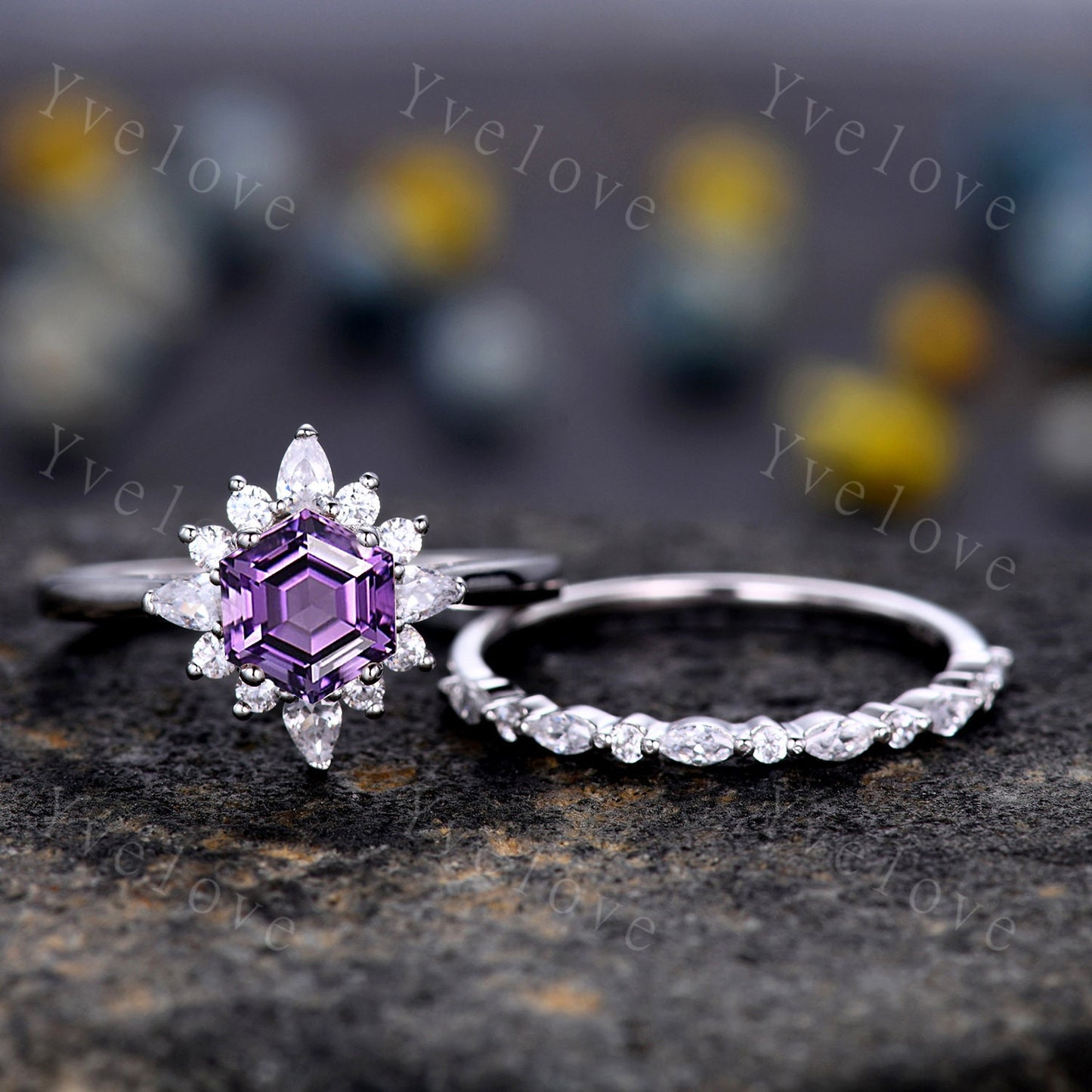 Natural Amethyst Engagement Ring Set,Vingate Moissanite Band,White Gold Ring,Women Stacking Matching Wedding Band Promise Ring Gift For Her