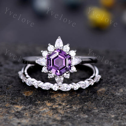 Natural Amethyst Engagement Ring Set,Vingate Moissanite Band,White Gold Ring,Women Stacking Matching Wedding Band Promise Ring Gift For Her