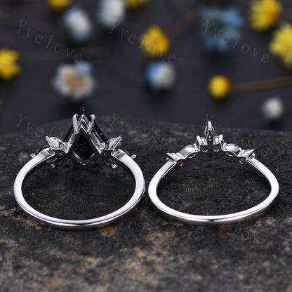 Vintage Kite shaped Sandstone Engagement Ring Set,Unique Bridal Ring Set,Marquise Black Rutilated Quartz,White Gold Galaxy Anniversary Ring