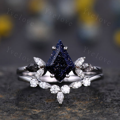 Vintage Kite shaped Sandstone Engagement Ring,Unique Bridal Ring,Marquise Black Rutilated Quartz,White Gold,Women Galaxy Anniversary Ring