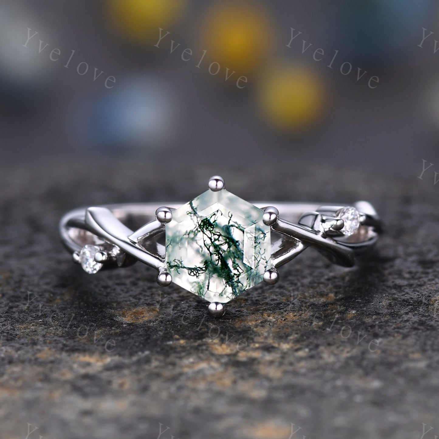 Unique Hexagon cut Moss Agate Engagement Ring,Vintage Branch Twig Diamond Ring,White Gold,Vine Ring,Women Promise Bridal Green Agate Ring