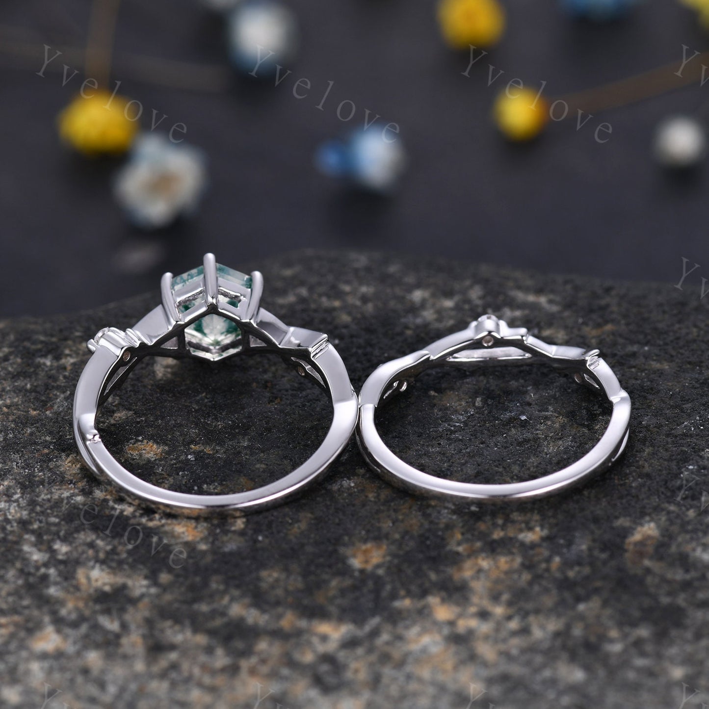 Unique Hexagon cut Moss Agate Engagement Ring Set,Vintage Branch Twig Diamond Ring,White Gold,Vine Ring Promise Bridal Set,Green Agate Ring