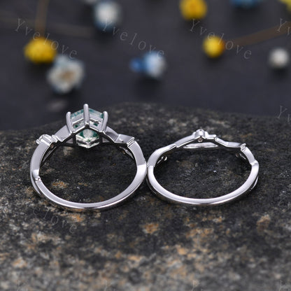 Unique Hexagon cut Moss Agate Engagement Ring Set,Vintage Branch Twig Diamond Ring,White Gold,Vine Ring Promise Bridal Set,Green Agate Ring