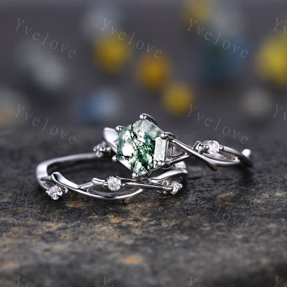 Unique Hexagon cut Moss Agate Engagement Ring Set,Vintage Branch Twig Diamond Ring,White Gold,Vine Ring Promise Bridal Set,Green Agate Ring