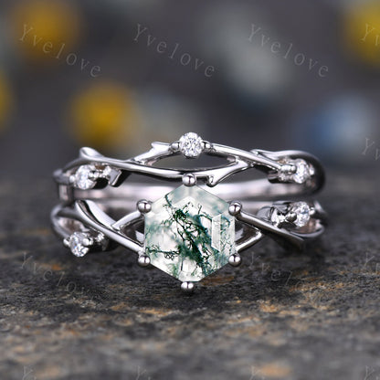 Unique Hexagon cut Moss Agate Engagement Ring Set,Vintage Branch Twig Diamond Ring,White Gold,Vine Ring Promise Bridal Set,Green Agate Ring