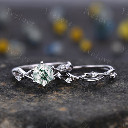 Unique Hexagon cut Moss Agate Engagement Ring Set,Vintage Branch Twig Diamond Ring,White Gold,Vine Ring Promise Bridal Set,Green Agate Ring