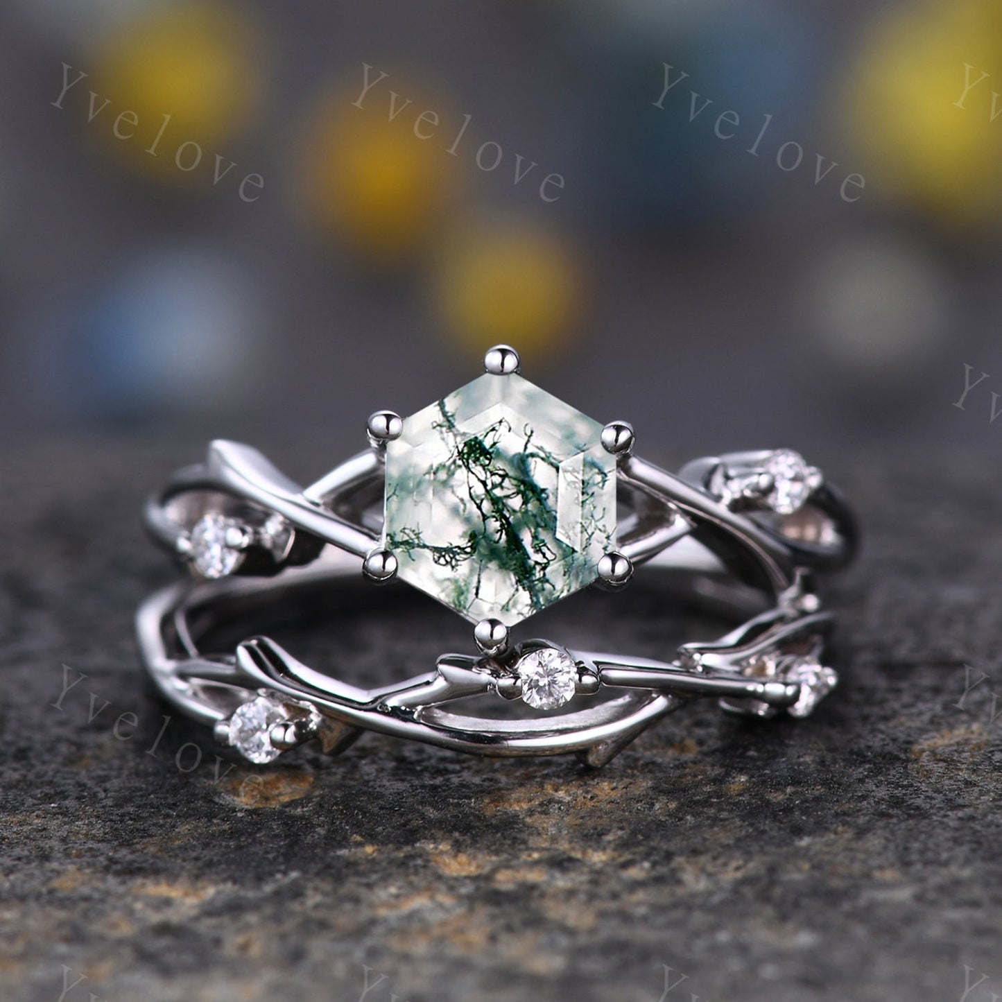 Unique Hexagon cut Moss Agate Engagement Ring,Vintage Branch Twig Diamond Ring,White Gold,Vine Ring,Women Promise Bridal Green Agate Ring