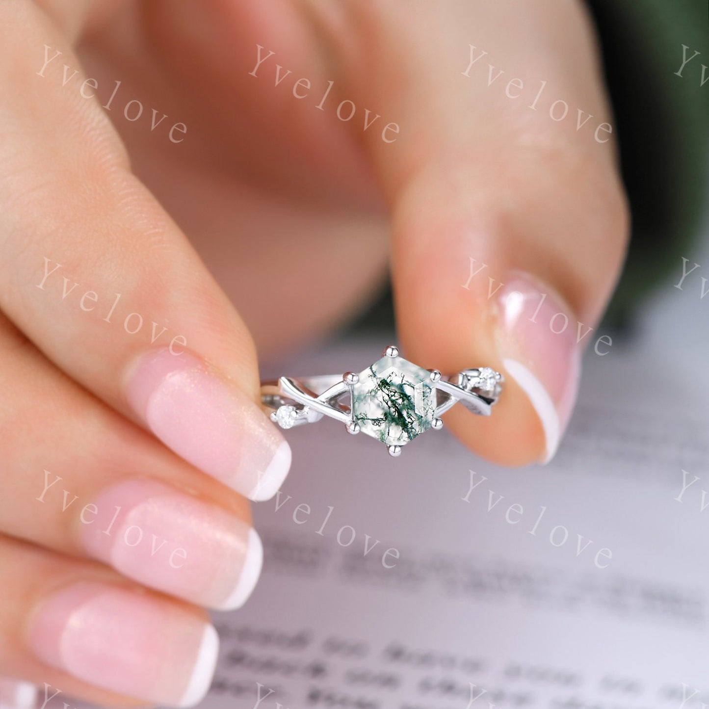 Unique Hexagon cut Moss Agate Engagement Ring,Vintage Branch Twig Diamond Ring,White Gold,Vine Ring,Women Promise Bridal Green Agate Ring