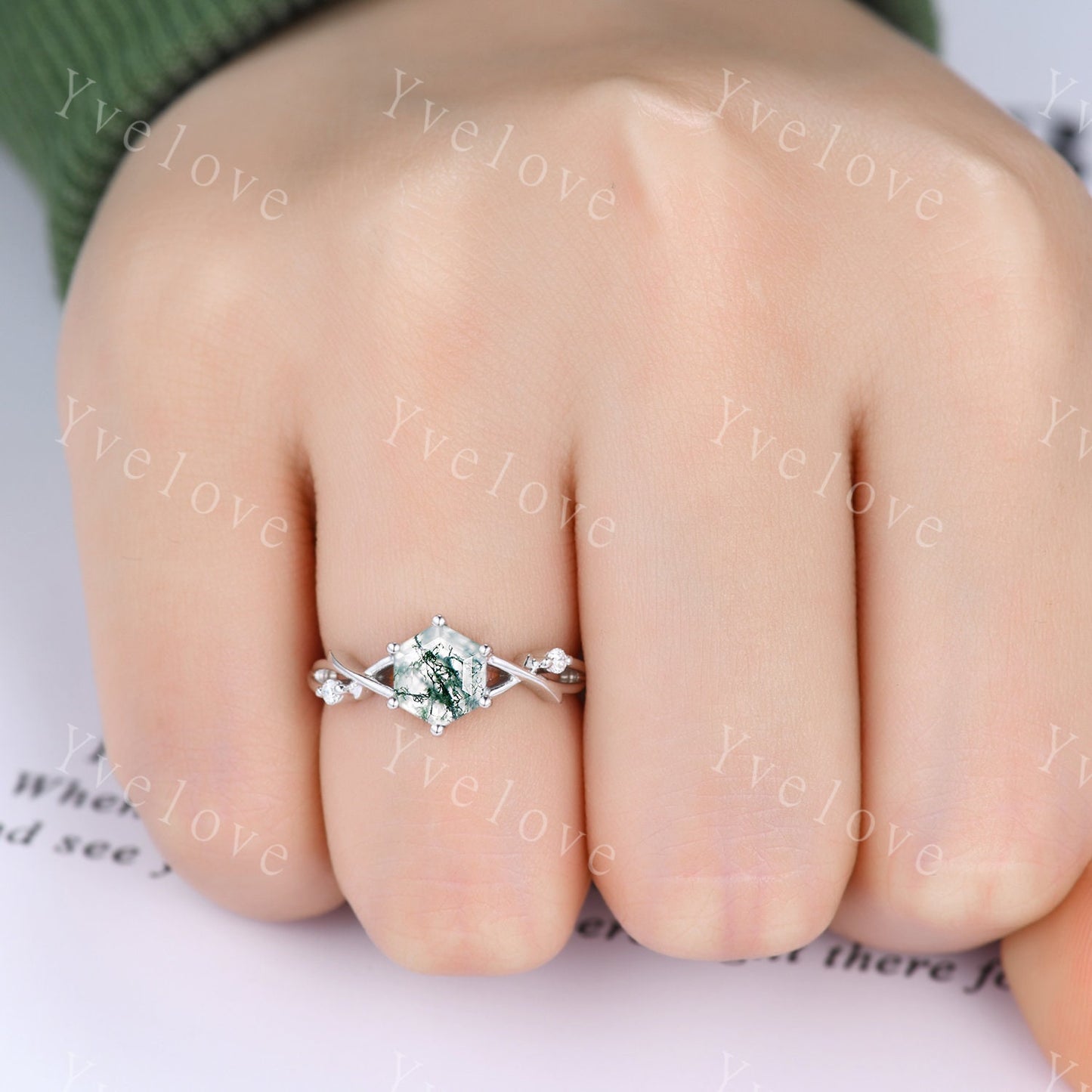 Unique Hexagon cut Moss Agate Engagement Ring,Vintage Branch Twig Diamond Ring,White Gold,Vine Ring,Women Promise Bridal Green Agate Ring