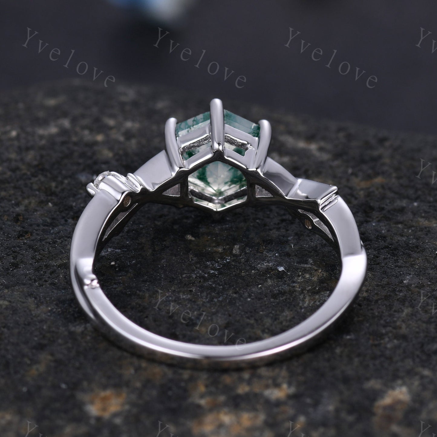 Unique Hexagon cut Moss Agate Engagement Ring,Vintage Branch Twig Diamond Ring,White Gold,Vine Ring,Women Promise Bridal Green Agate Ring