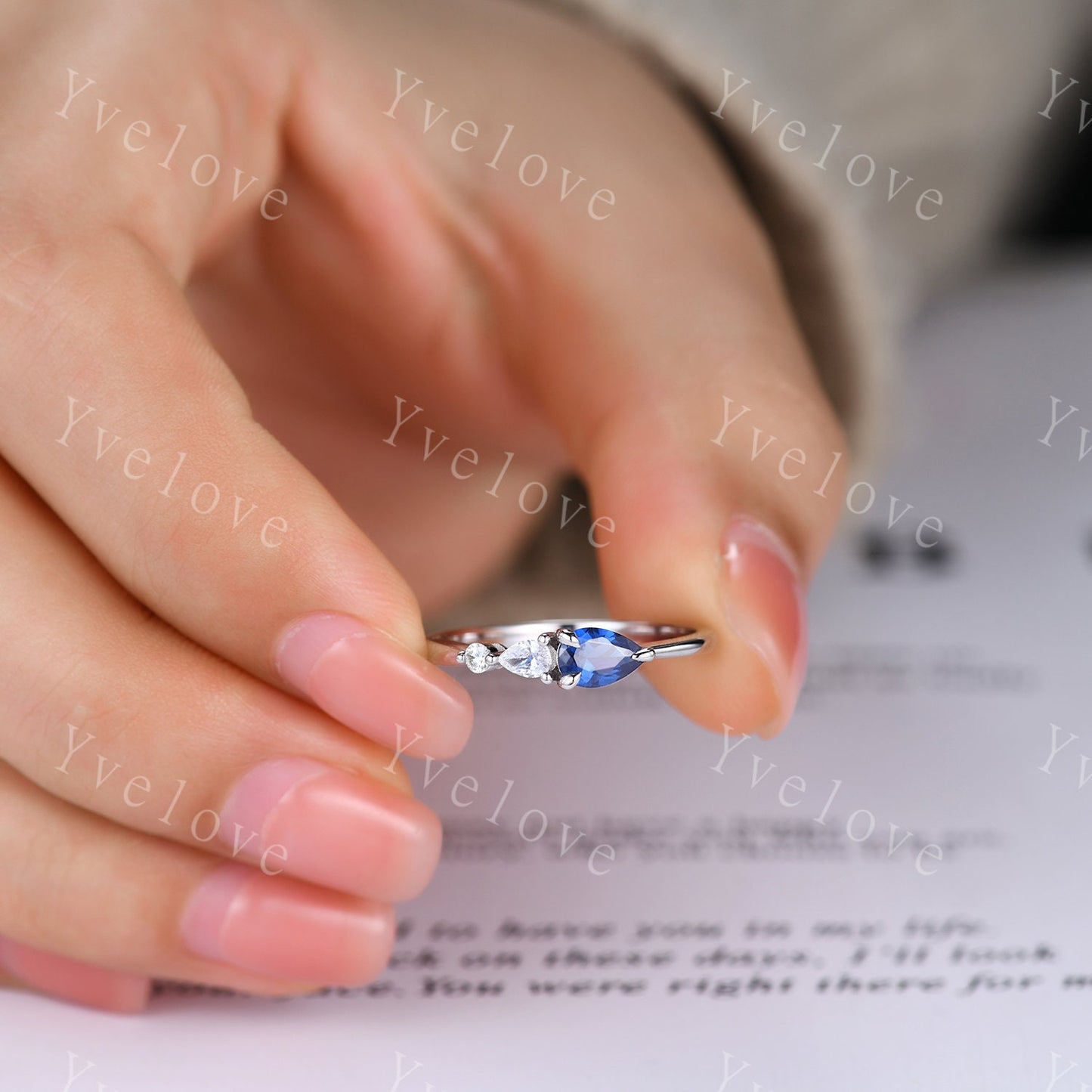 Vintage Sapphire Ring Engagement Ring,Pear Cut Gems,Art Deco Moissanite Wedding Band,3 Stone Unique Women Bridal Promise Ring,Rose Gold