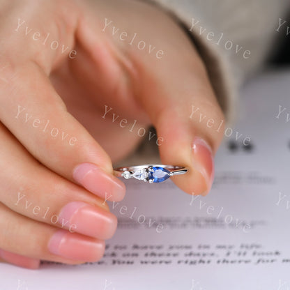 Vintage Sapphire Ring Engagement Ring,Pear Cut Gems,Art Deco Moissanite Wedding Band,3 Stone Unique Women Bridal Promise Ring,14k White gold