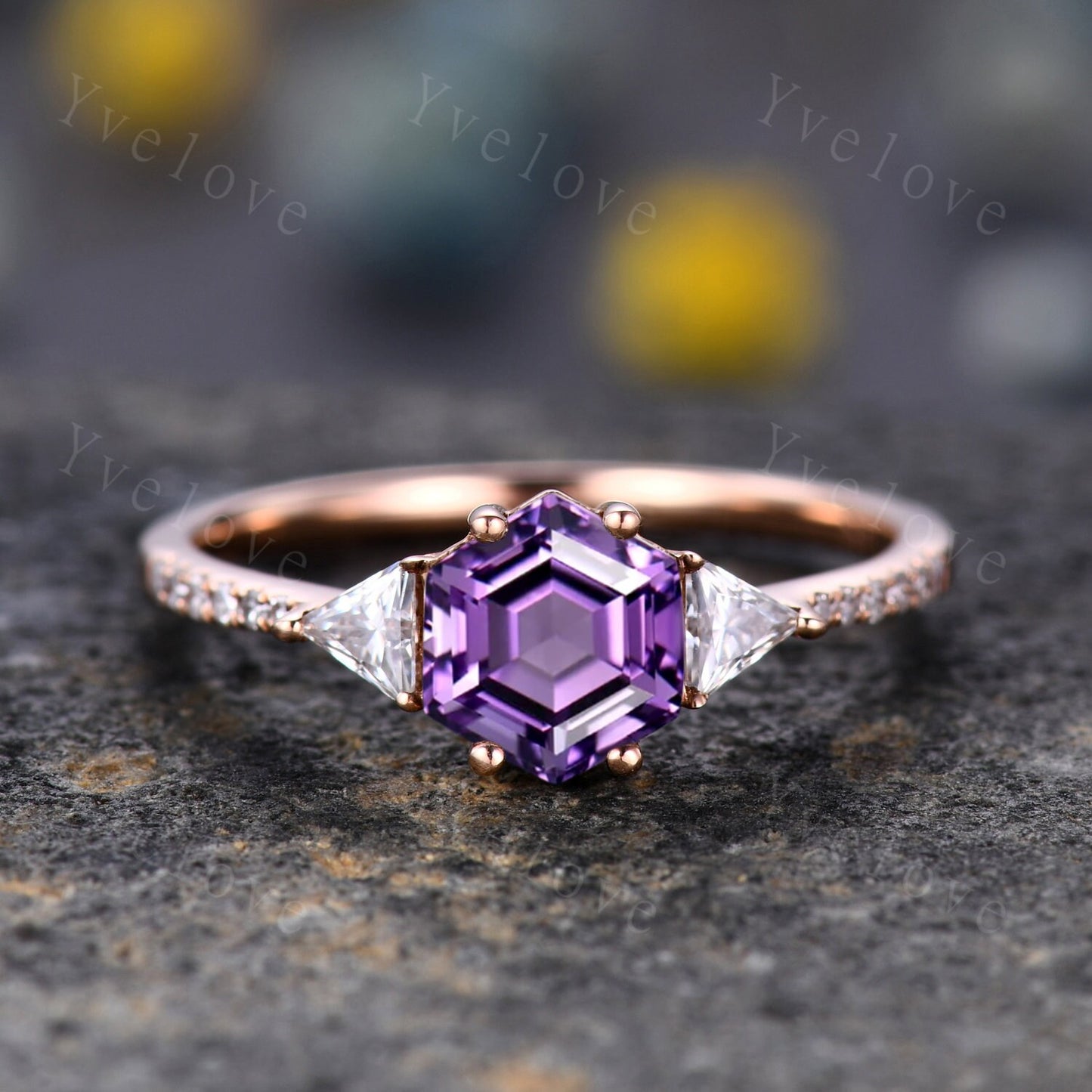 Unique Hexagon Cut Amethyst Engagement Ring,Vingate Purple Bridal Ring Set,Three Stone Stacking Band,Women Anniversary Birthday Gift for Her