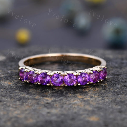 Amethyst ring 3mm round cut amethyst wedding band half eternity ring 14k rose gold matching band prongs set natural gemstone February Ring