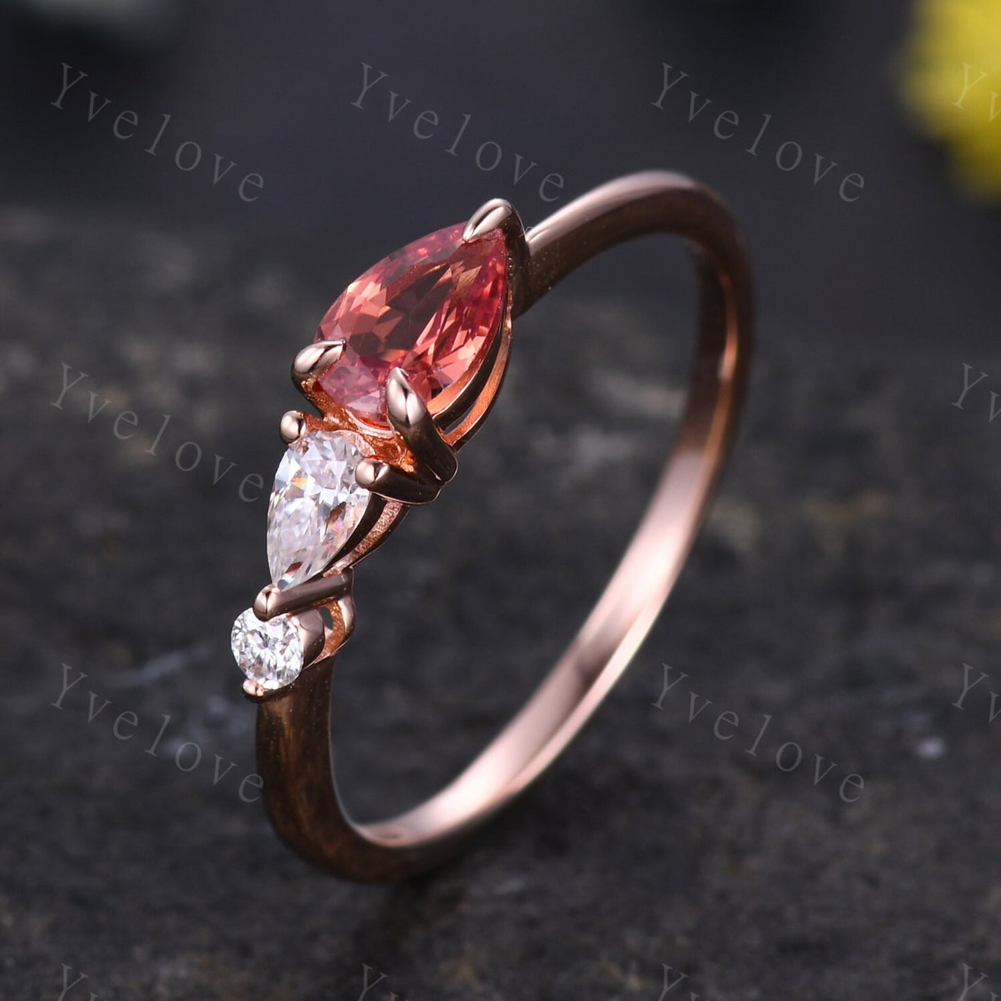 Vintage Papalacha Sapphire Engagement Ring,Pear Cut Gems,Art Deco Moissanite Wedding Band,3 Stone Unique Women Bridal Promise Ring,Rose gold
