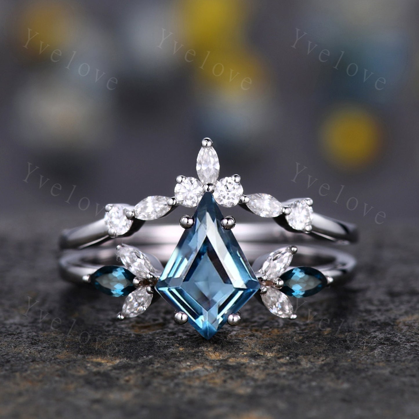 Vintage Kite Cut London Blue Topaz Engagement Ring Set,Unique Bridal Ring Set,Marquise Topaz Matching Band,White Gold Women Anniversary Ring