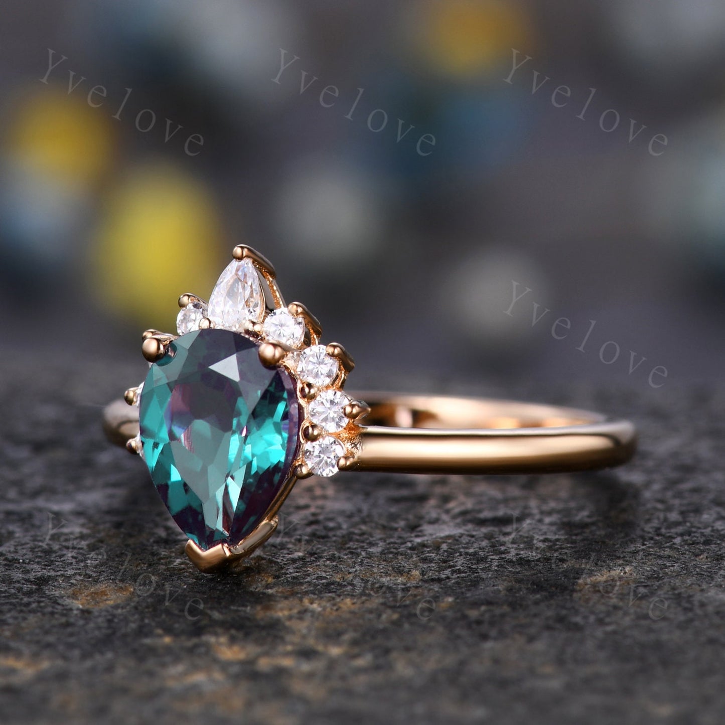 Vintage Pear Shaped Alexandrite Engagement Ring,Rose Gold Ring Art Deco Moissanite Ring Diamond Wedding Ring Unique Anniversary Ring Gift