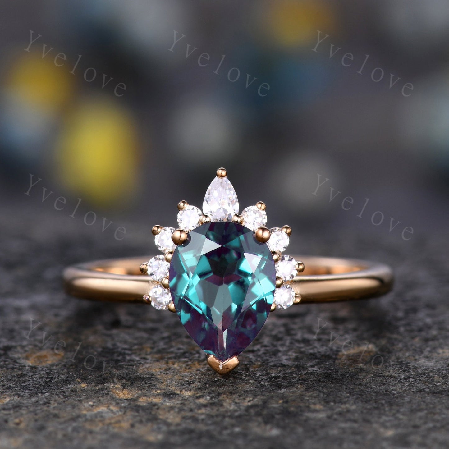 Vintage Pear Shaped Alexandrite Engagement Ring,Rose Gold Ring Art Deco Moissanite Ring Diamond Wedding Ring Unique Anniversary Ring Gift